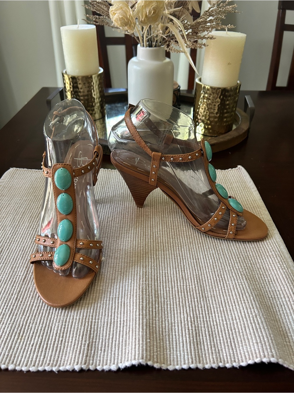 b. makowsky Tan Heeled Sandals with Turquoise Cabochons